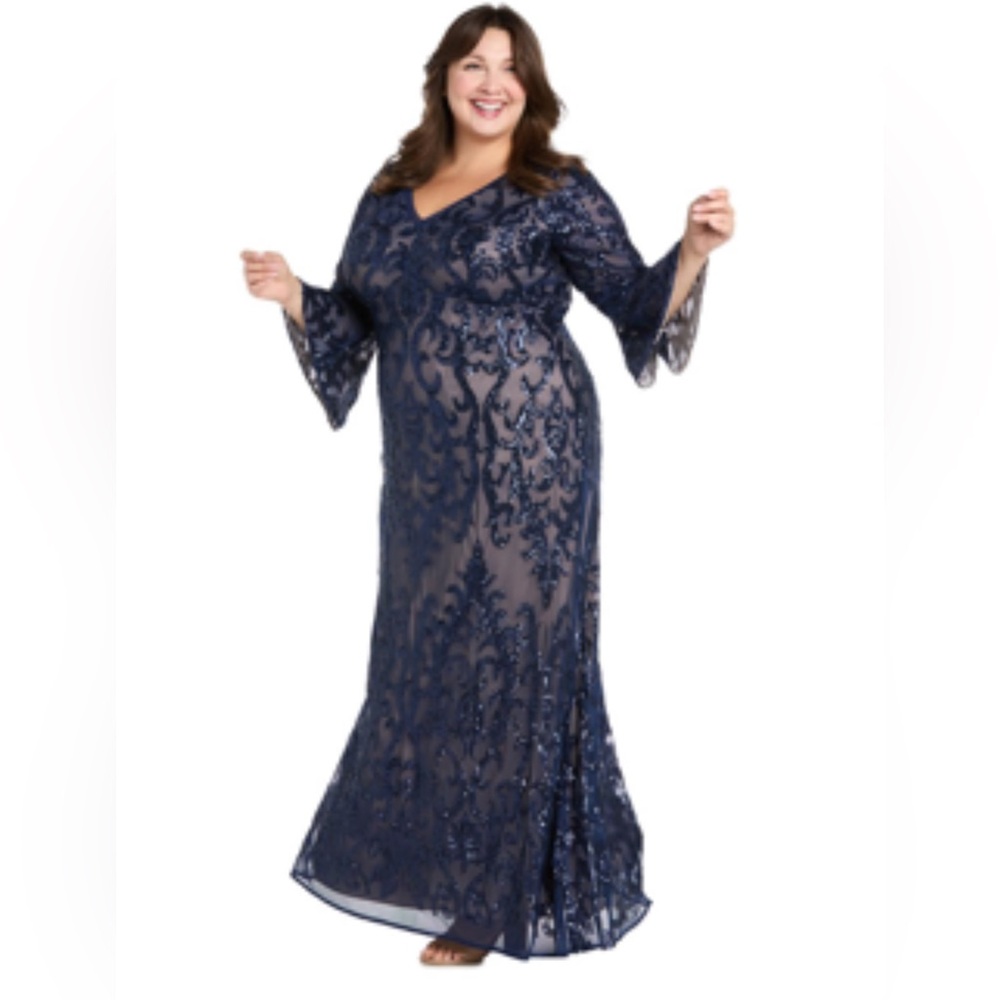 Women's V-Neck Bell-Sleeve Sequin Dress - Size16W Navy NWT